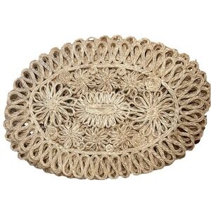 Set Of 7 Vintage Abaca Hemp Centerpiece Placemats Woven Floral Scrolled MCM Boho